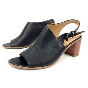 Franco Sarto Harbor Black Leather Open Toe Ankle Strap Heels